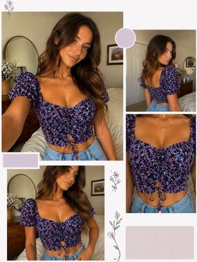 ZARA Floral Puff Sleeve Crop Top Size S Cottagecore Romantic Tie Front Blouse